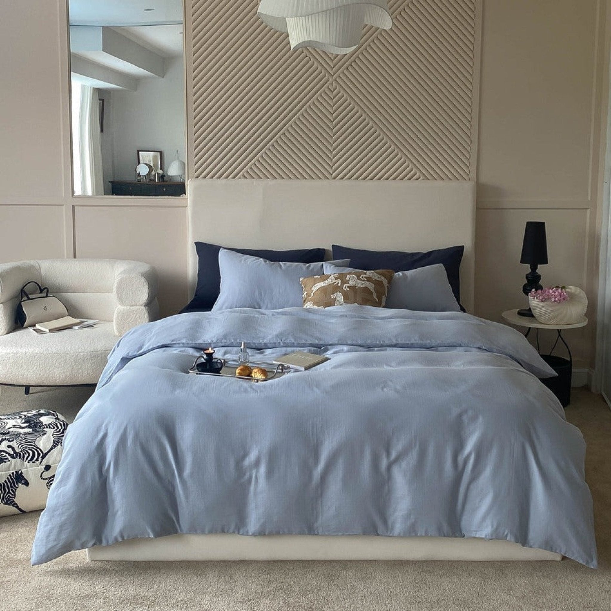 DUO Minimal Double Layer Washed Cotton Bedding Set / Blue - Ever Lasting