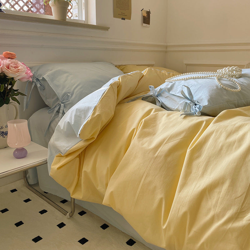 Duo Pastel With Bow Tie Bedding Bundle Yellow Blue / Small Flat