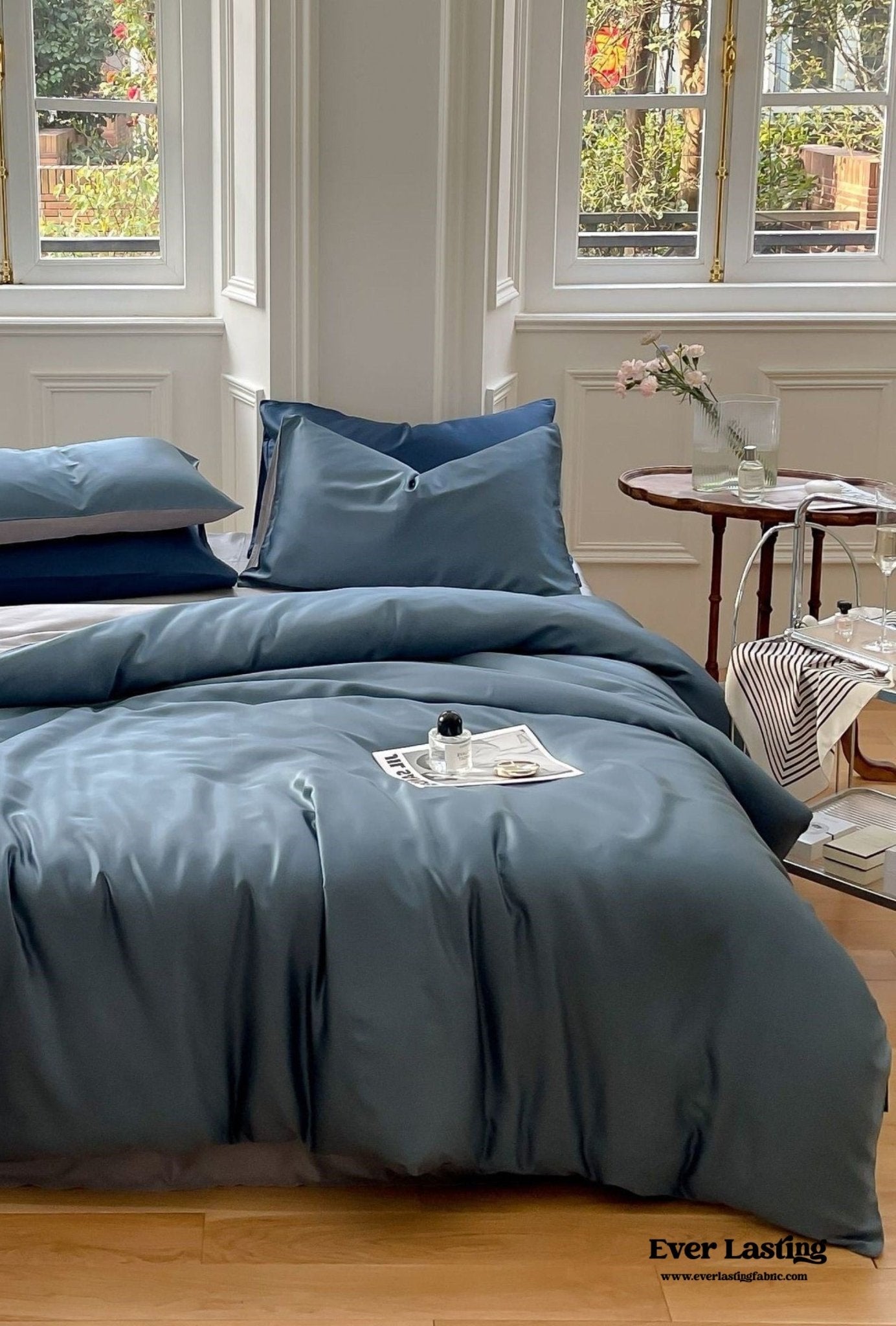 DUO Reversible Pastel Silky Tencel Bedding Set / Dark Blue - Ever Lasting