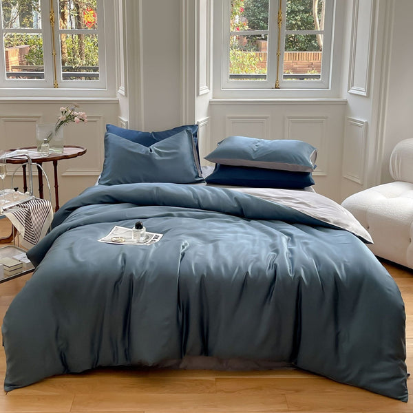 Duo Reversible Pastel Silky Tencel Bedding Set / Dark Blue Small Flat