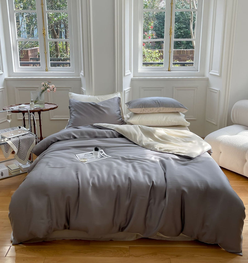 Duo Reversible Pastel Silky Tencel Bedding Set / Green Gray Small Flat