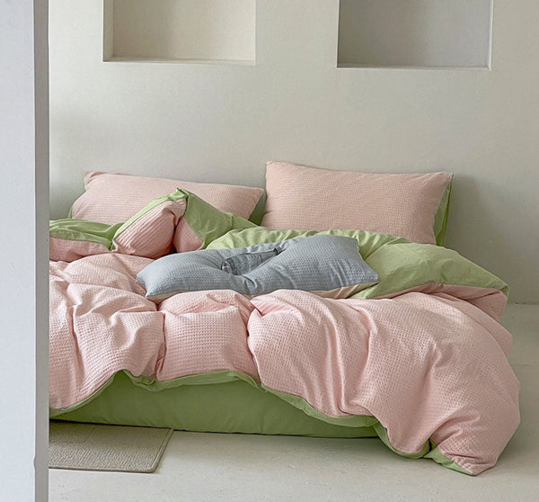 Duo Waffle Bedding Set Light Green + Pink / Small Fitted