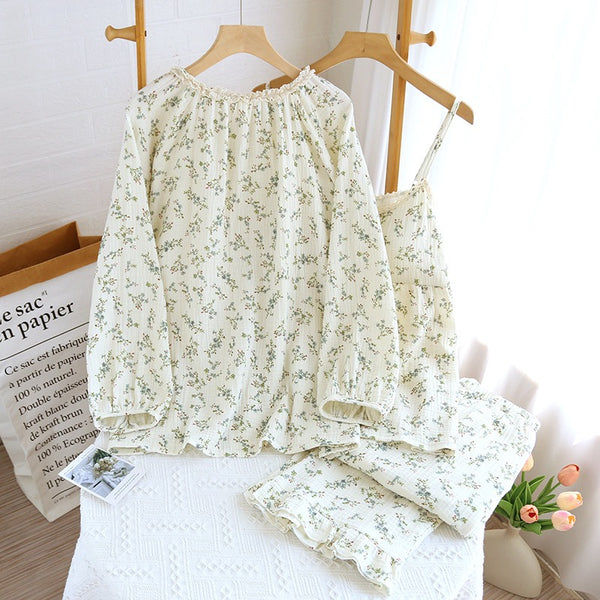 Vintage Floral Tank Cardigan and Long Pants Pajama Set / Green