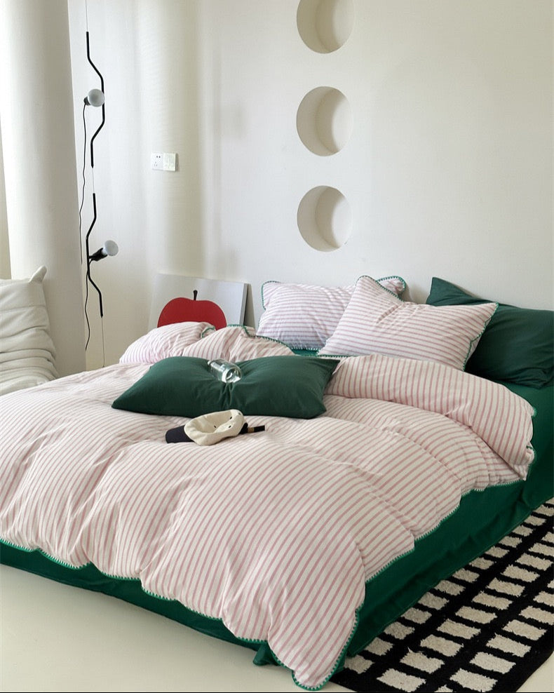 Pepper Candy Stripe Bedding Set / Green + Pink