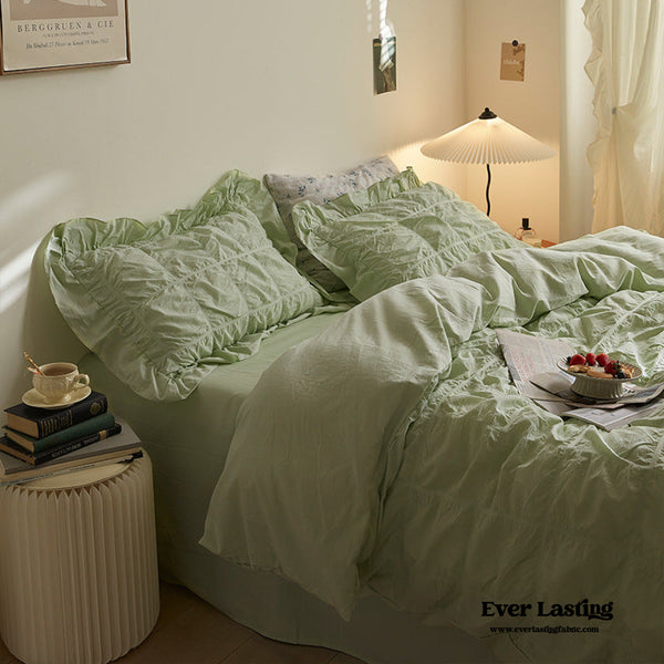 Earth Tone Marshmallow Puff Ruffle Bedding Set / Mint Green