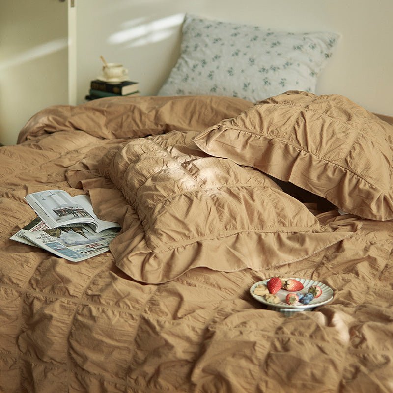  - Ever Lasting - Earth Tone Marshmallow Puff Ruffle Bedding Set / Pumpkin Brown - Bedding Set - Ever Lasting