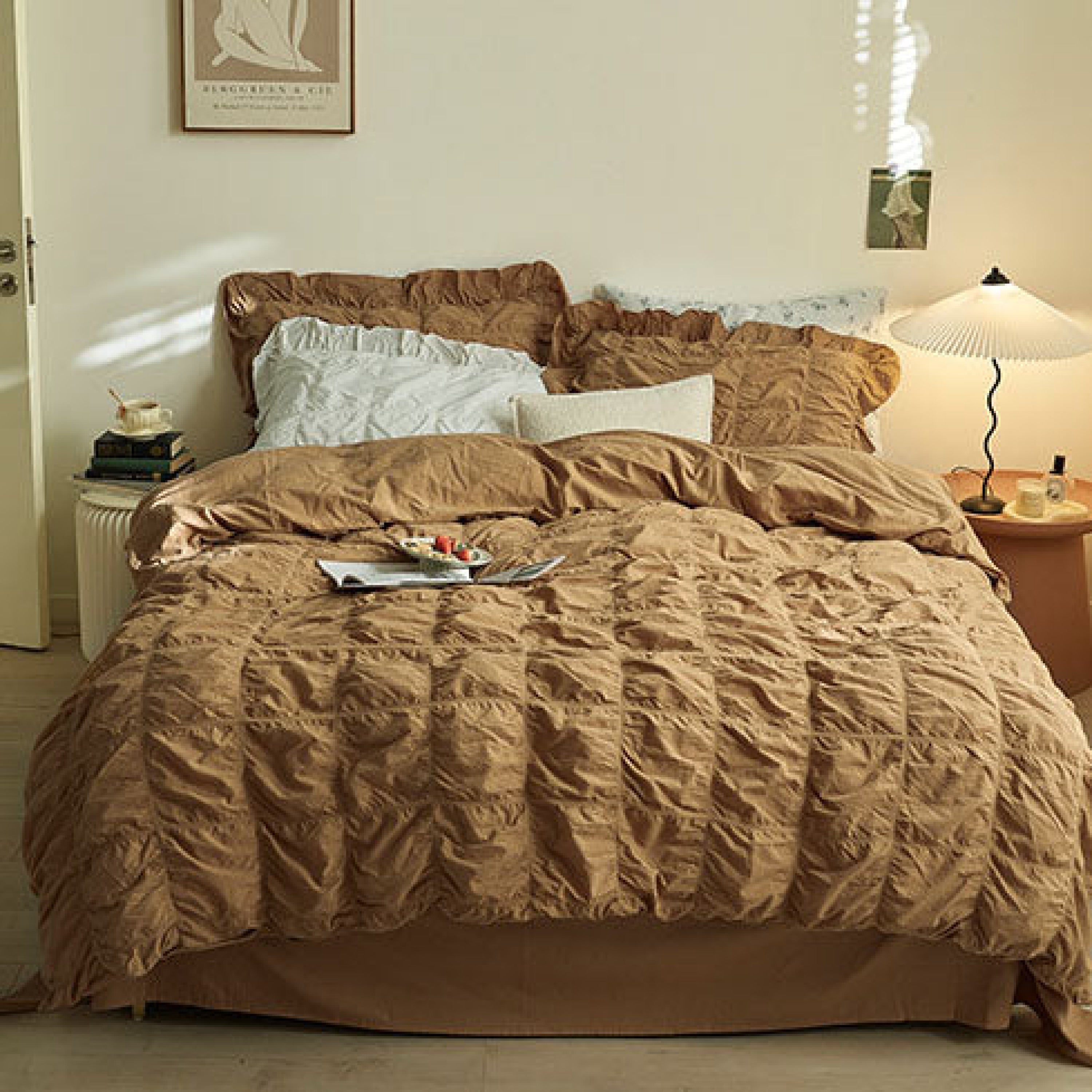 Earth Tone Marshmallow Puff Ruffle Bedding Set / Pumpkin Brown Medium Fitted