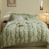 Earth Tone Marshmallow Puff Ruffle Bedding Set / White Mint Green Medium Fitted