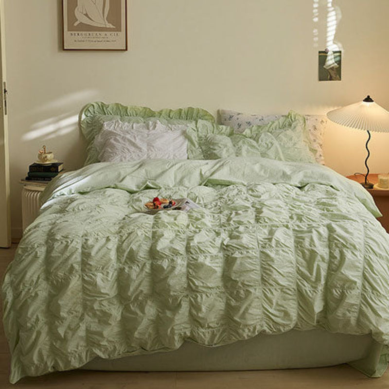 Earth Tone Marshmallow Puff Ruffle Bedding Set / White Mint Green Medium Fitted