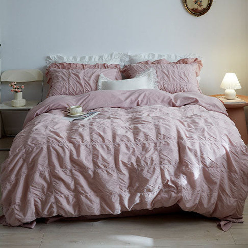 Earth Tone Marshmallow Puff Ruffle Bedding Set / White Rust Pink Medium Fitted