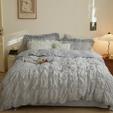 Earth Tone Marshmallow Puff Ruffle Bedding Set / White Silver Blue Medium Fitted