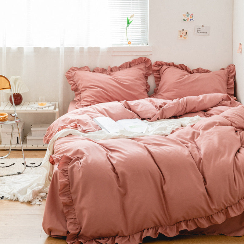Earth Tone Ruffle Bedding Set / Pink Rust Red Small Flat