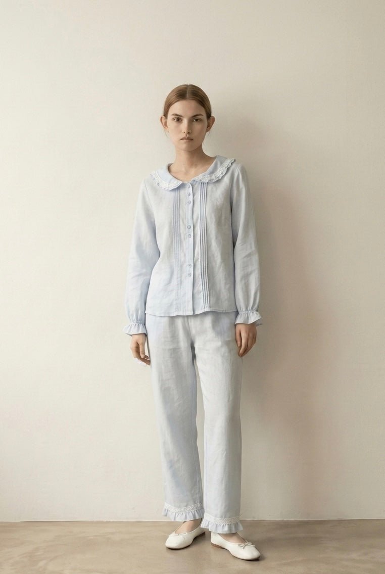  - Ever Lasting - Eira Ruffle Long Sleeve Pajama Set / Blue - Pajamas - Ever Lasting
