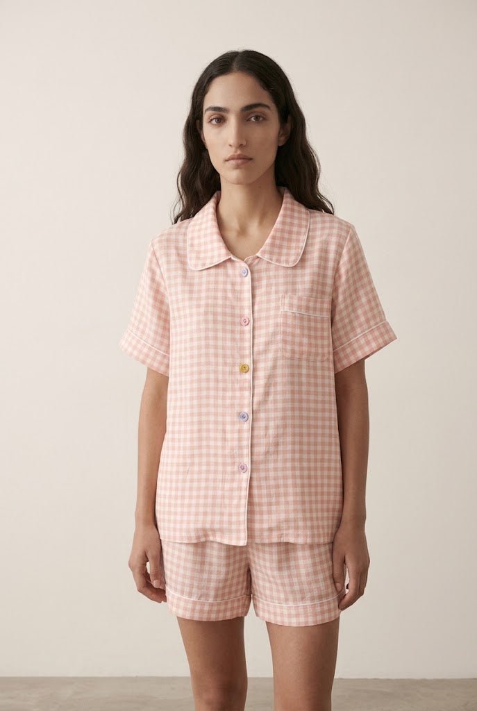 -Ever Lasting - Elle Vintage Inspired Gingham Shorts Pajama Set / Light Pink -Pajamas -Ever Lasting
