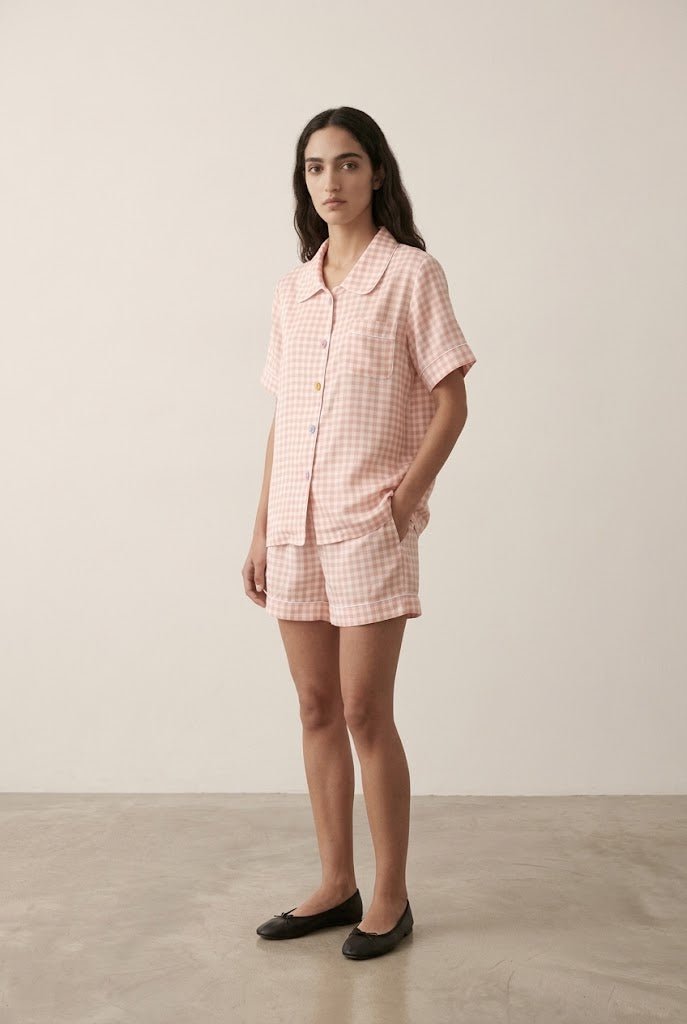 -Ever Lasting - Elle Vintage Inspired Gingham Shorts Pajama Set / Light Pink -Pajamas -Ever Lasting