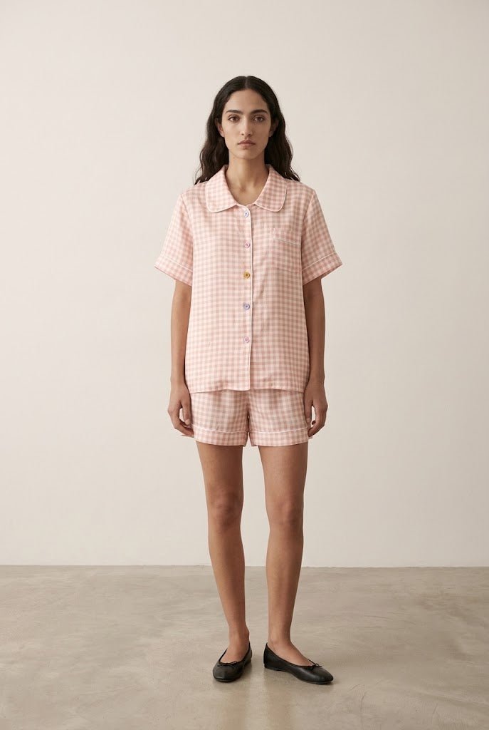 -Ever Lasting - Elle Vintage Inspired Gingham Shorts Pajama Set / Light Pink -Pajamas -Ever Lasting
