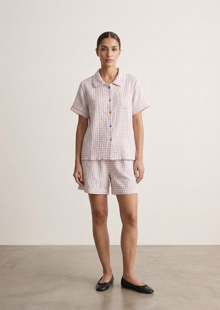-Ever Lasting - Elle Vintage Inspired Gingham Shorts Pajama Set / Light Purple -Pajamas -Ever Lasting