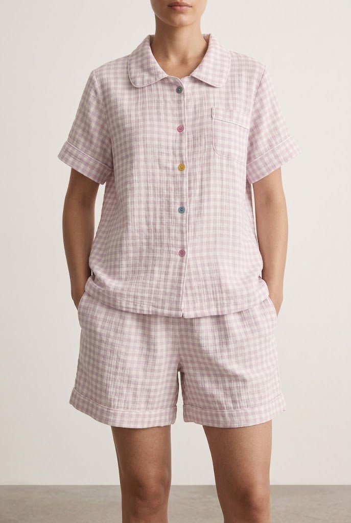 -Ever Lasting - Elle Vintage Inspired Gingham Shorts Pajama Set / Light Purple -Pajamas -Ever Lasting