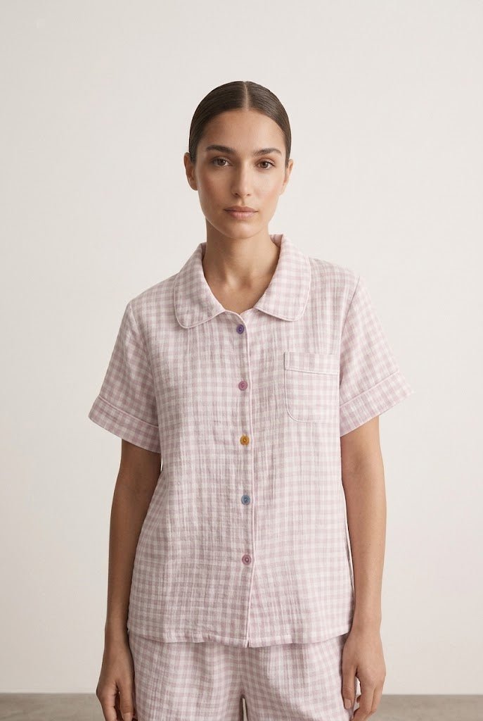 -Ever Lasting - Elle Vintage Inspired Gingham Shorts Pajama Set / Light Purple -Pajamas -Ever Lasting