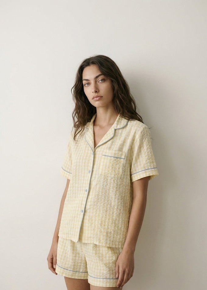  - Ever Lasting - Elle Vintage Inspired Gingham Shorts Pajama Set / Yellow - Pajamas - Ever Lasting