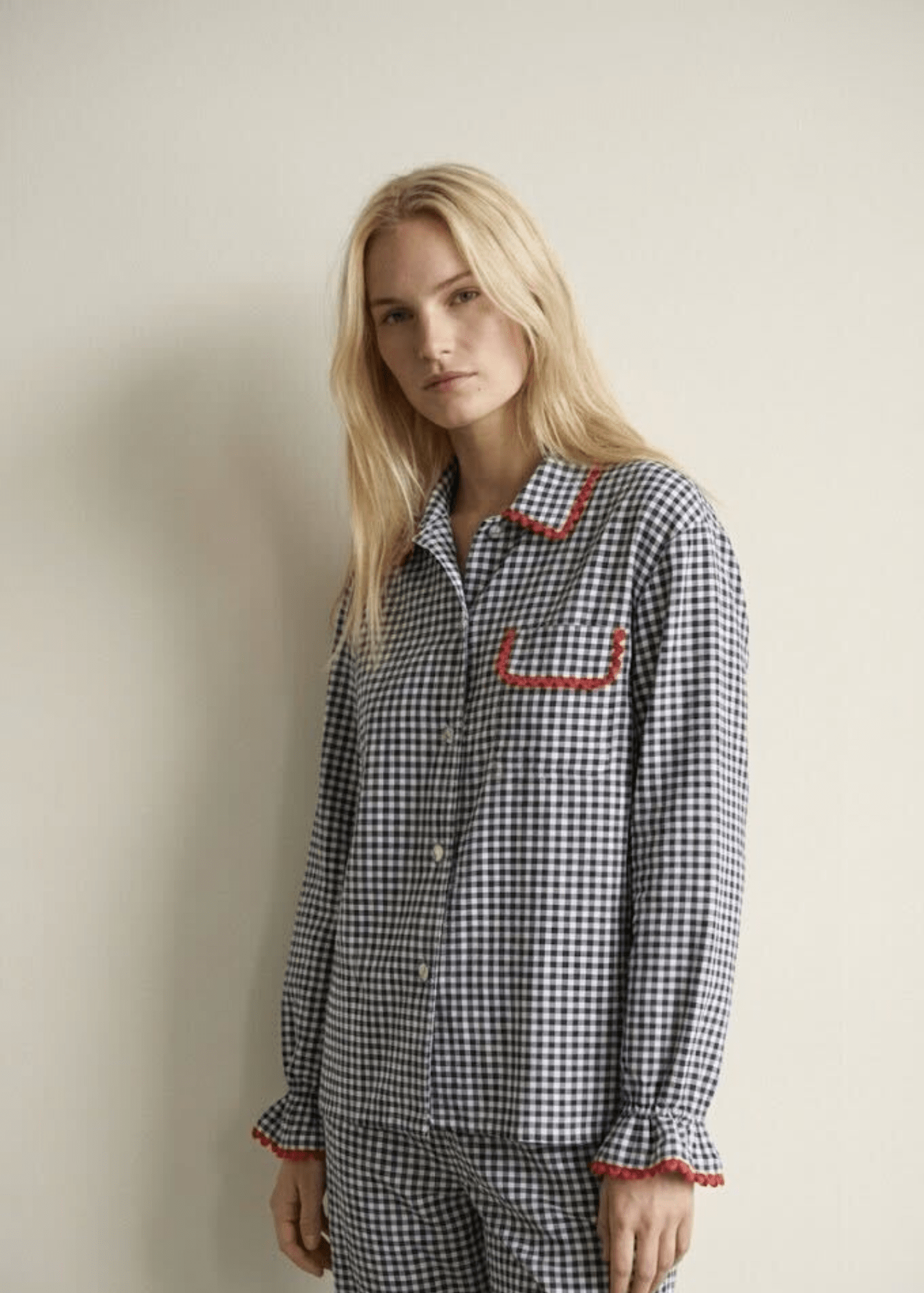  - Ever Lasting - Ellie Gingham Lapel Cotton Silk Poet Sleeve Pajama Set / Blue - Pajama Set - Ever Lasting