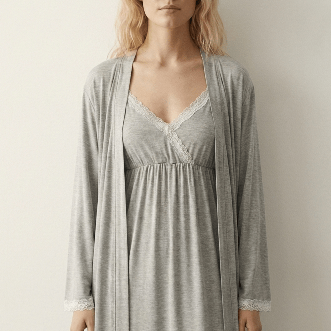  - Ever Lasting - Ellis Long - Sleeve Lace Pajama Set / Gray - Pajamas - Ever Lasting