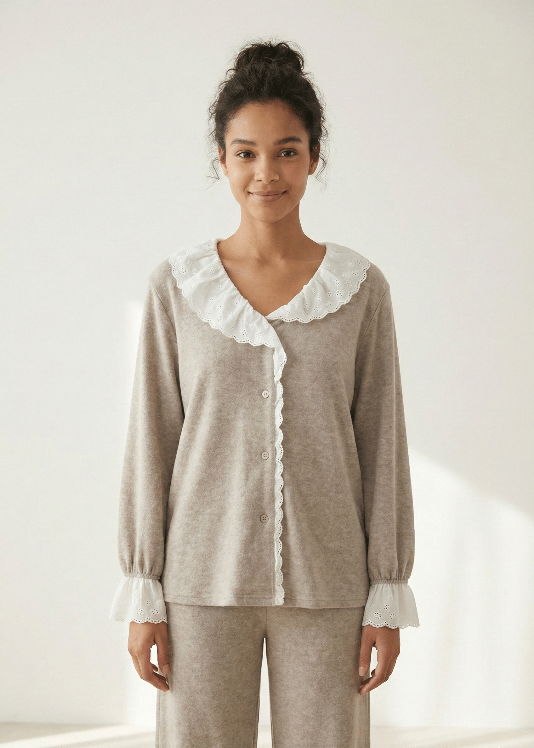  - Ever Lasting - Elora Towel Velvet Lace Lounge Set / Oatmeal - Pajamas - Ever Lasting