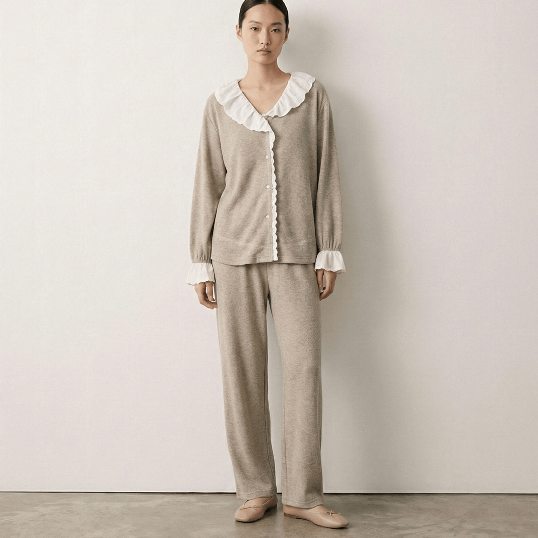  - Ever Lasting - Elora Towel Velvet Lace Lounge Set / Oatmeal - Pajamas - Ever Lasting