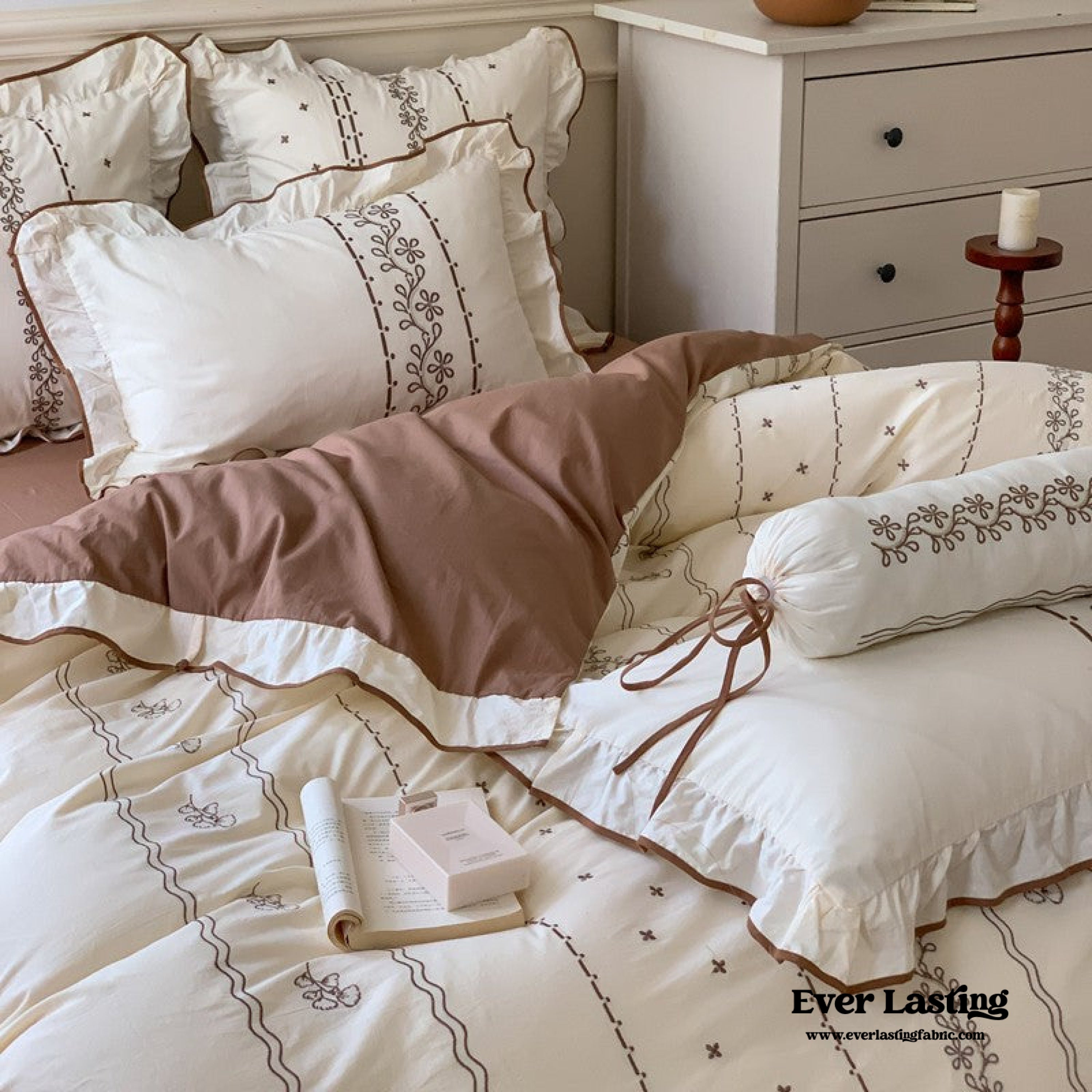 Embroidered French Earth Tone Ruffle Bedding Set / Cream Beige