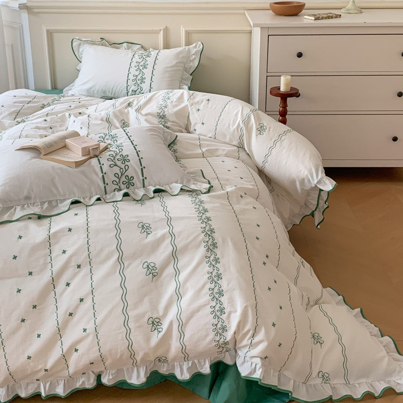 Embroidered French Earth Tone Ruffle Bedding Set / Cream Beige Forest Green Medium Flat