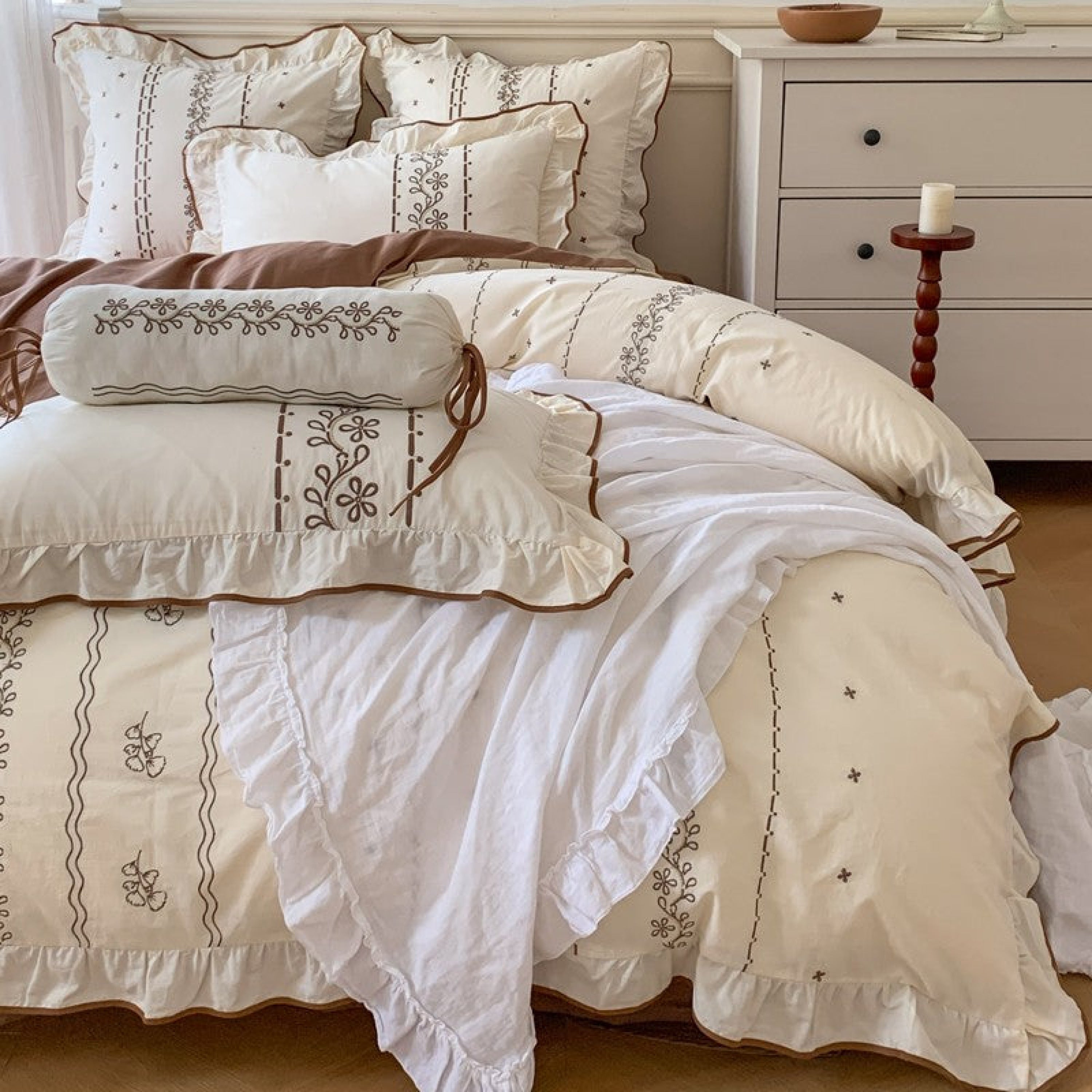 Embroidered French Earth Tone Ruffle Bedding Set / Cream Beige Medium Flat