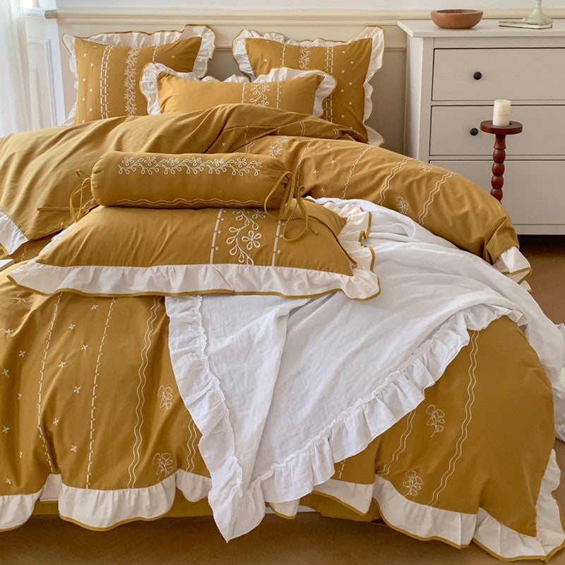 Embroidered French Earth Tone Ruffle Bedding Set / Cream Beige Mustard Yellow Medium + Flat