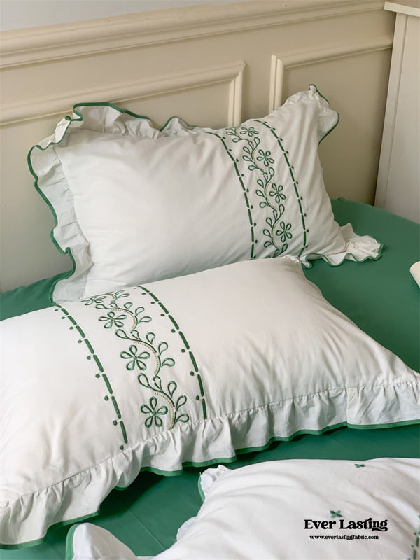 Embroidered French Earth Tone Ruffle Bedding Set / Forest Green