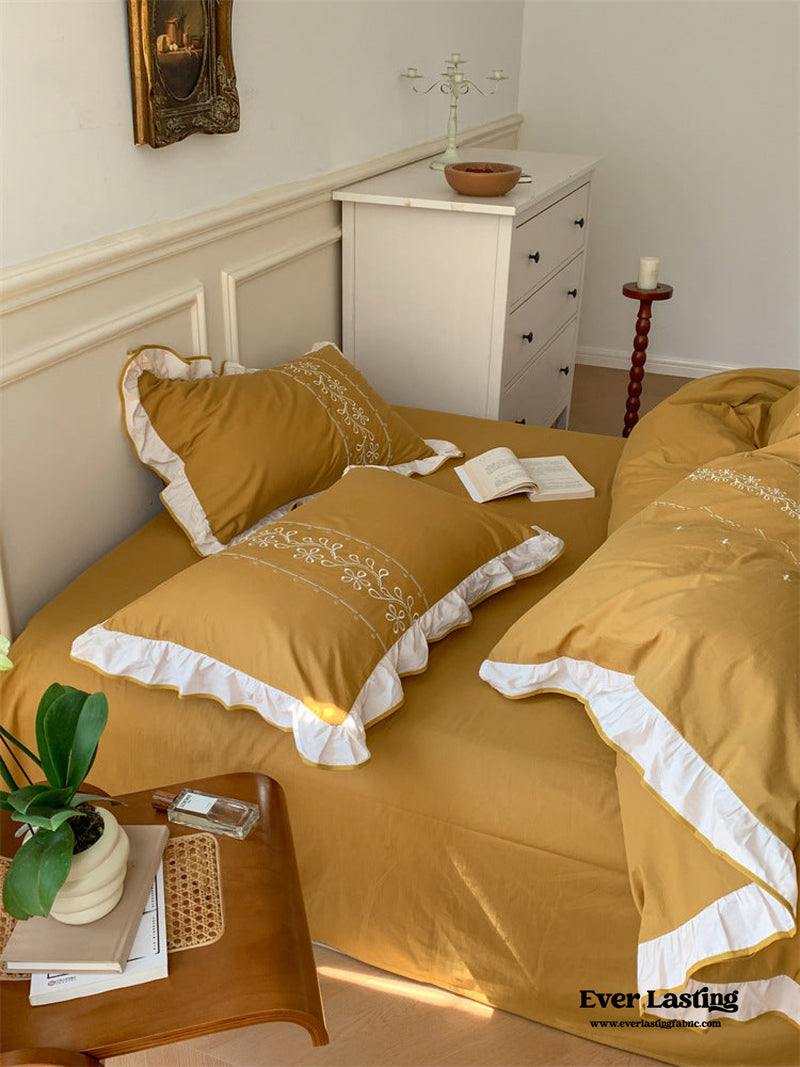 Embroidered French Earth Tone Ruffle Bedding Set / Mustard Yellow
