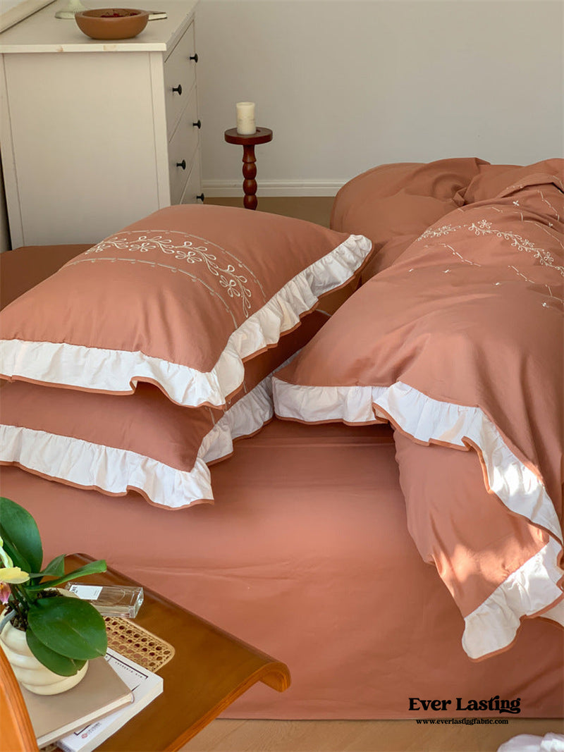 Embroidered French Earth Tone Ruffle Bedding Set / Terracotta Red