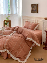 Embroidered French Earth Tone Ruffle Bedding Set / Terracotta Red
