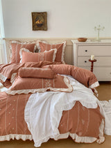 Embroidered French Earth Tone Ruffle Bedding Set / Terracotta Red Medium Flat