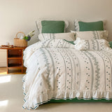 Embroidered French Lace Ruffle Bedding Set / Blue Green Medium Flat