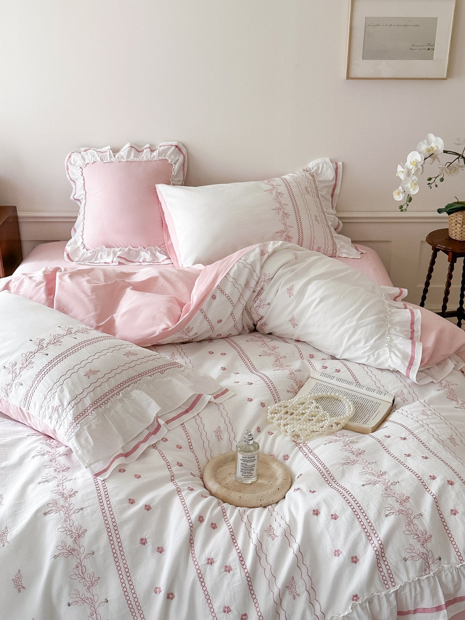 Embroidered French Lace Ruffle Bedding Bundle / Pink - Ever Lasting