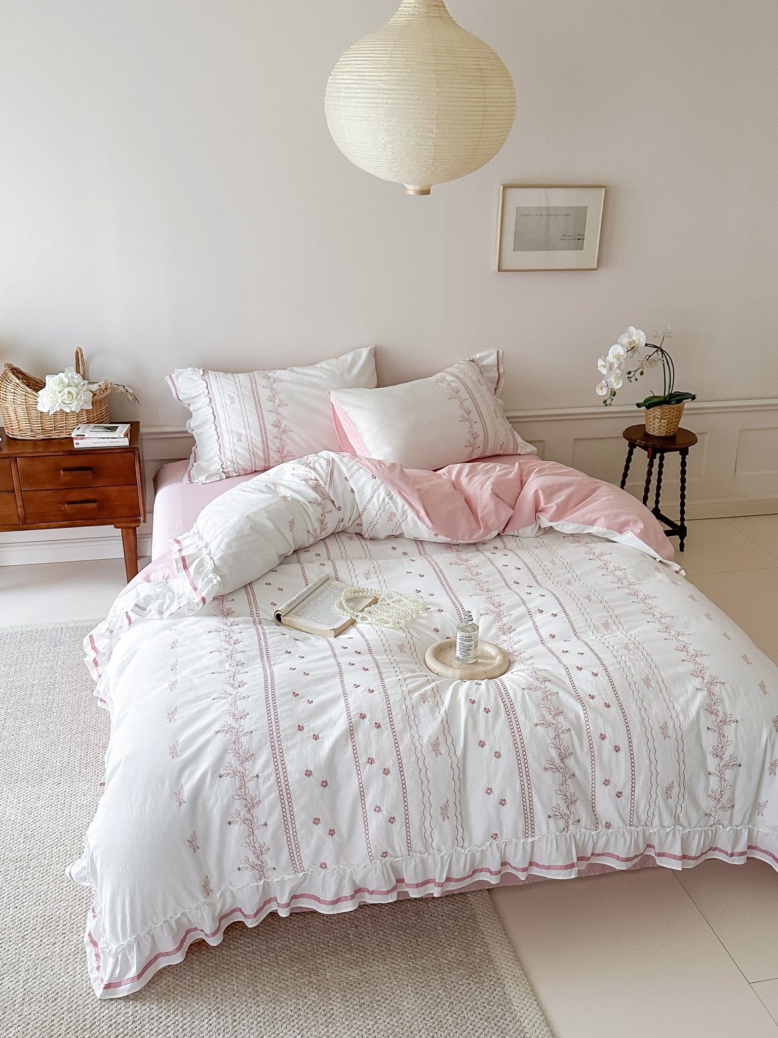 Embroidered French Lace Ruffle Bedding Bundle / Pink - Ever Lasting