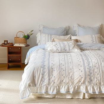 Embroidered French Lace Ruffle Bedding Set / Blue