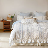 Embroidered French Lace Ruffle Bedding Set / Green Blue Medium Flat