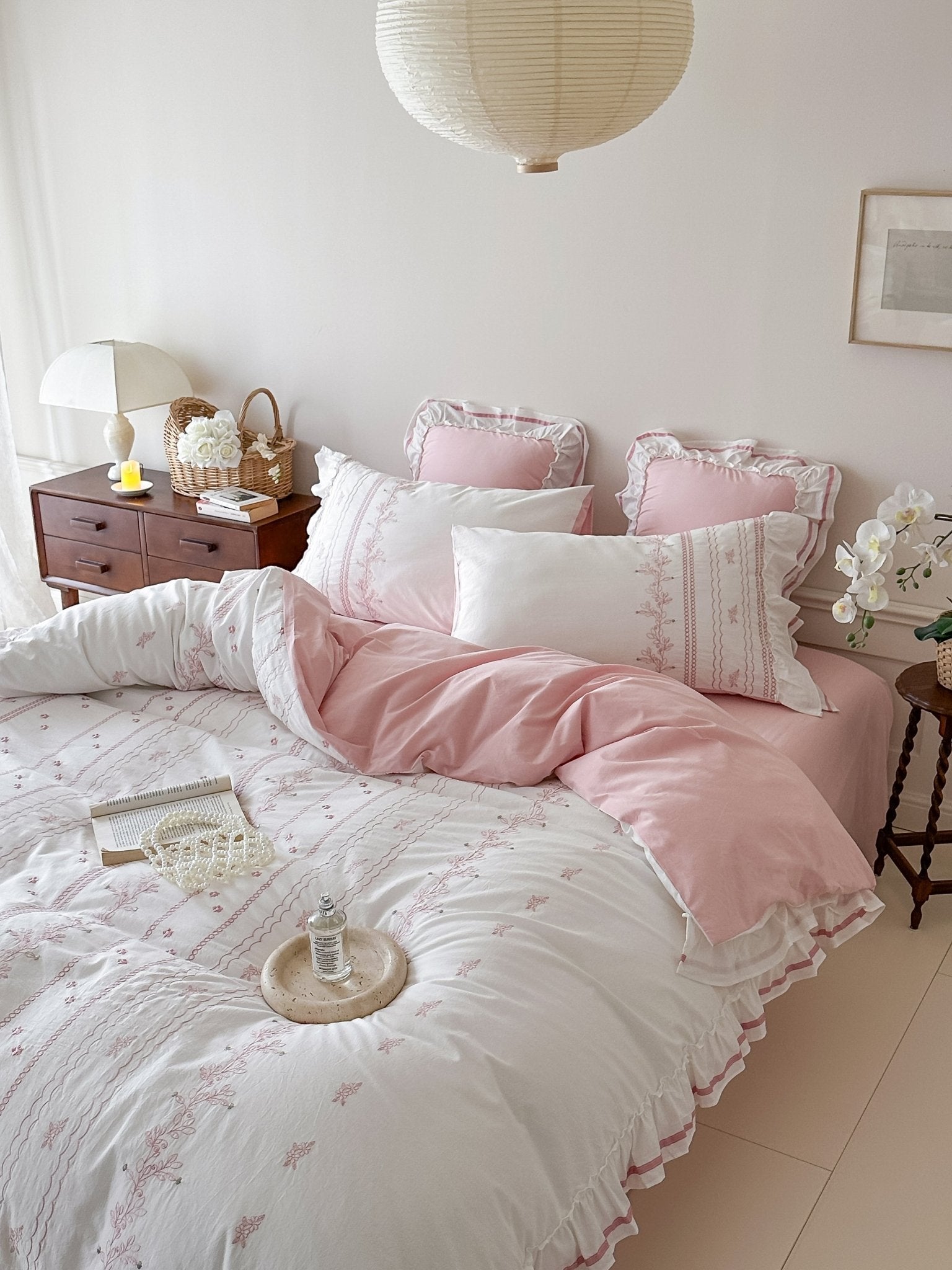 Embroidered French Lace Ruffle Bedding Set / Pink - Ever Lasting