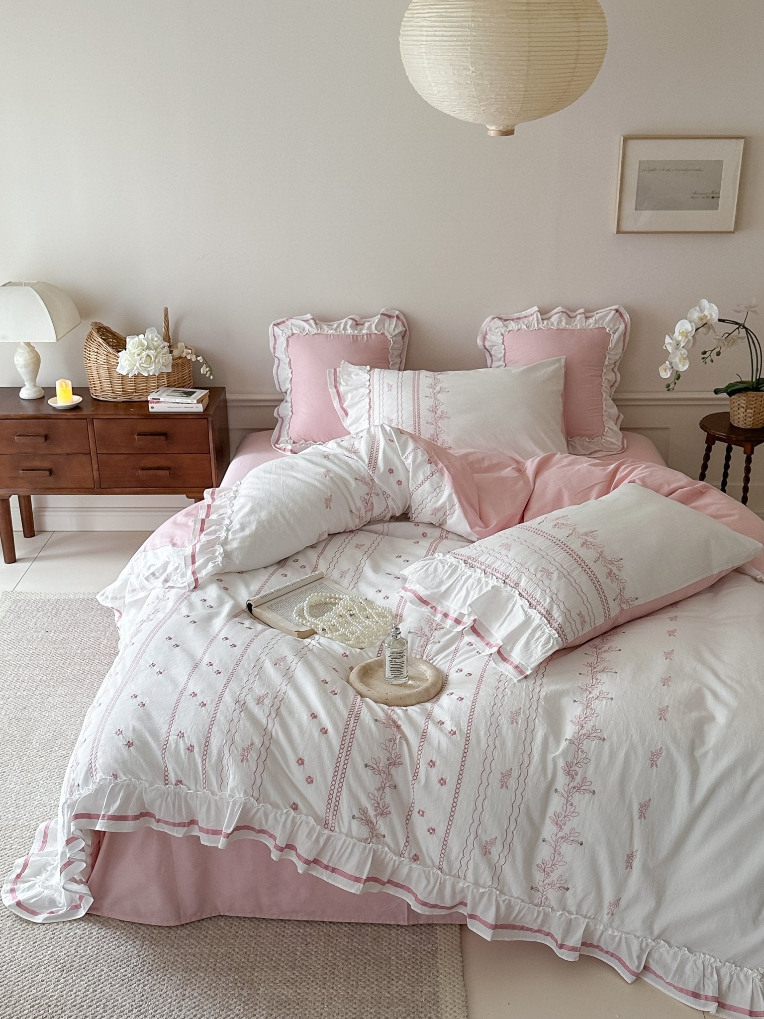 Embroidered French Lace Ruffle Bedding Set / Pink - Ever Lasting