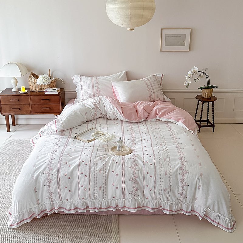 Embroidered French Lace Ruffle Bedding Set / Pink - Ever Lasting