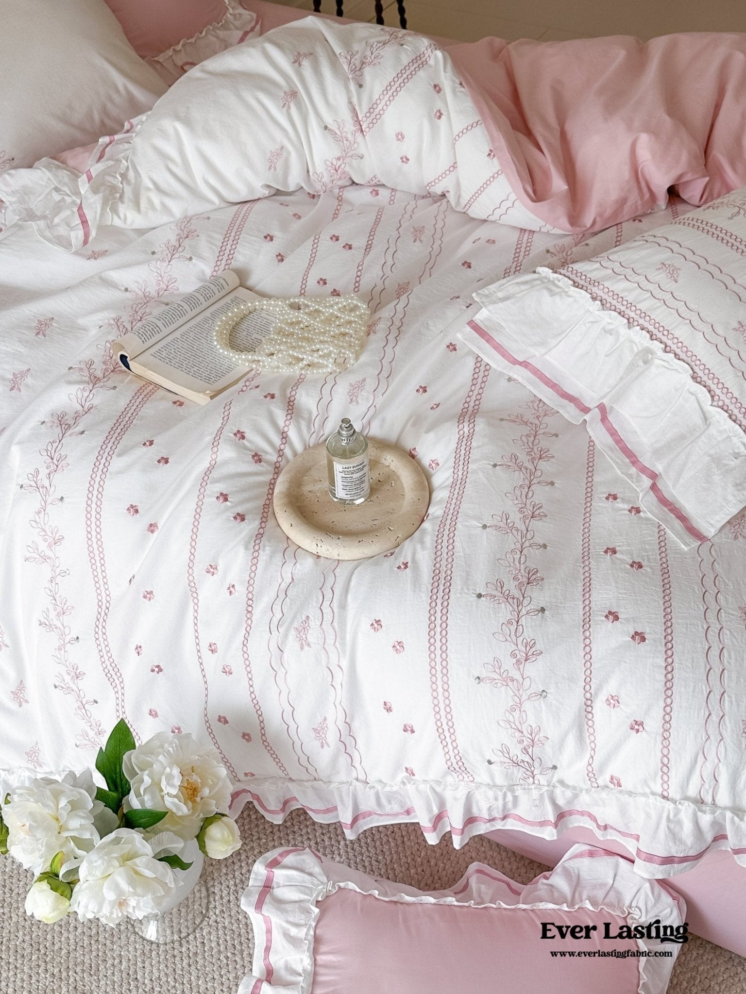 Embroidered French Lace Ruffle Duvet Cover / Blue - Ever Lasting