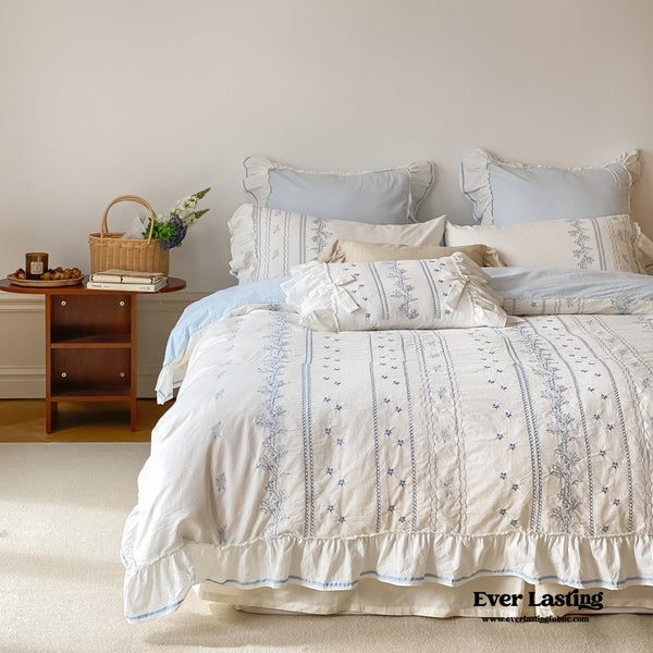 Embroidered French Lace Ruffle Bedding Set / Blue Medium Flat