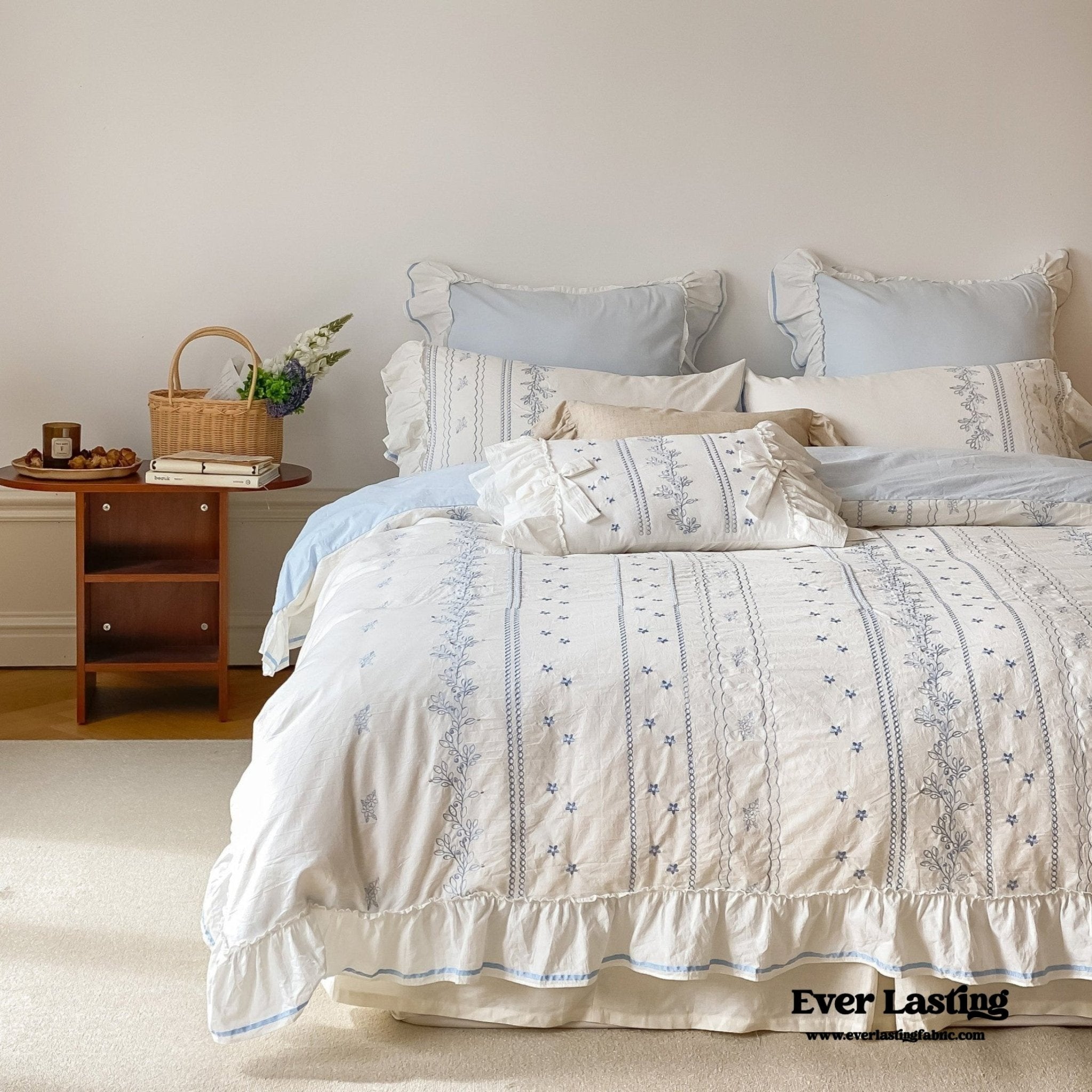 Embroidered French Lace Ruffle Duvet Cover / Blue - Ever Lasting