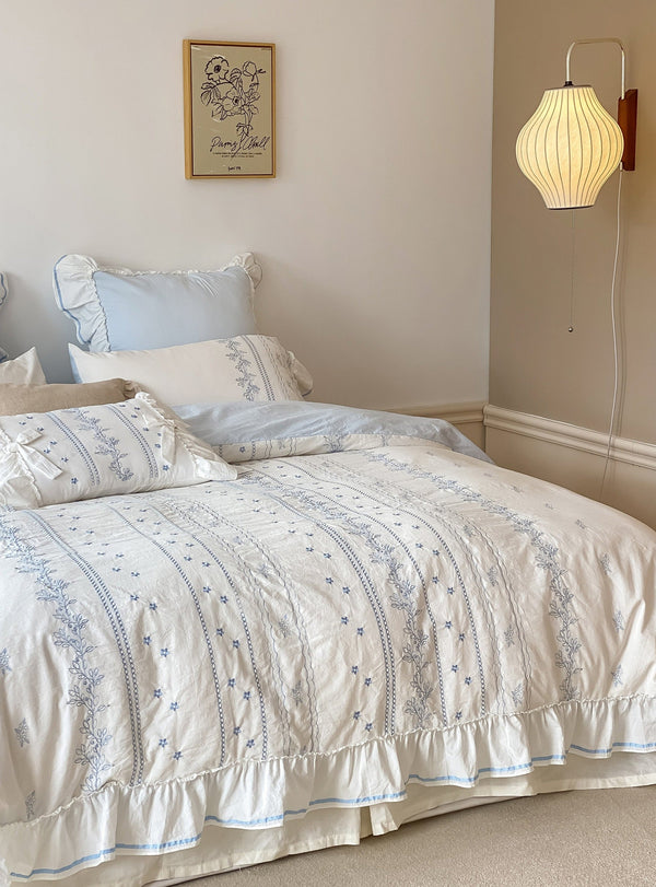 Embroidered French Lace Ruffle Bedding Set / Blue