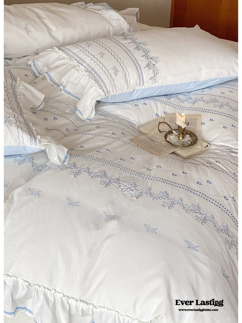 Embroidered French Lace Ruffle Pillowcases / Blue